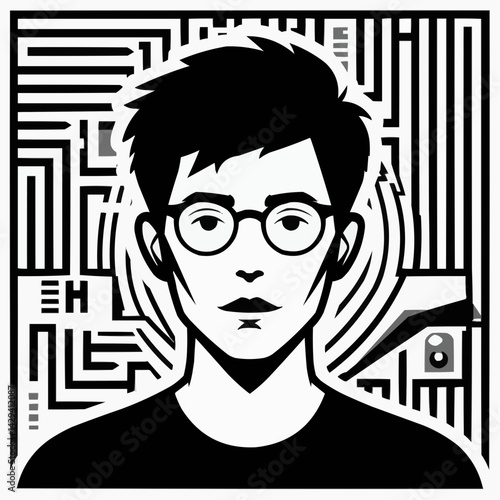 A  man in a black T-shirt with black short hair, wearing black eyeglasses with a maze-like pattern in the background, facing straight to the viewer.  