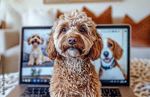 In a video conference, a dog is shown from the back as it communicates with its dog friends, who are all taking part in an online meeting using a laptop, placed in front of a blurry and out-of-focus