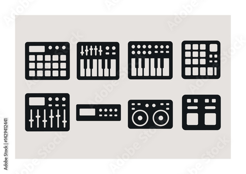 Music production filled icons set – solid style audio, sound, and studio elements for creative projects: drum machine, mixer, keyboard, sampler, controller, synthesizer, dj decks.