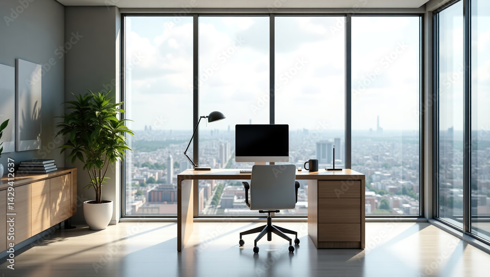 A modern spacious office with workstations equipped with computers and office chairs, stylized as minimalism. On the walls there are vertical wooden empty white frames.