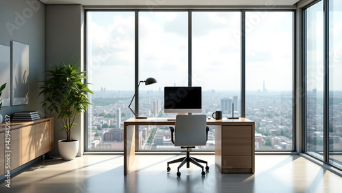 Obraz na płótnie A modern spacious office with workstations equipped with computers and office chairs, stylized as minimalism. On the walls there are vertical wooden empty white frames. w salonie