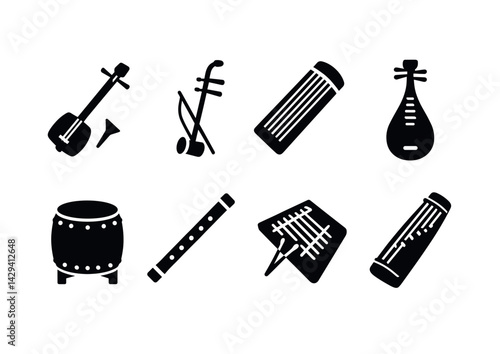 Traditional asian musical instruments silhouette icons set – solid style cultural, melodic, and artistic symbols for music design: shamisen, erhu, guzheng, pipa, taiko drum, bamboo flute, koto,