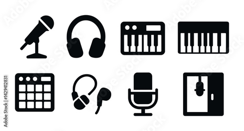 Music production solid icons set – silhouette style audio, recording, and studio tools for sound creation: microphone, headphones, keyboard, mixer, audio interface, monitor speaker, synthesizer,