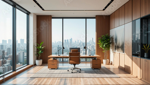 A modern spacious office with workstations equipped with computers and office chairs, stylized as minimalism. On the walls there are vertical wooden empty white frames.