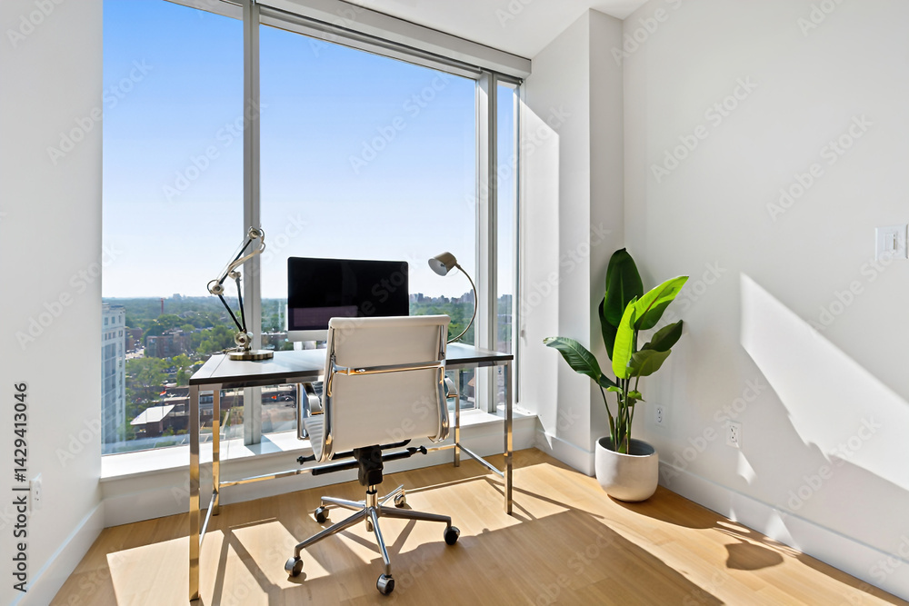 A modern spacious office with workstations equipped with computers and office chairs, stylized as minimalism. On the walls there are vertical wooden empty white frames.