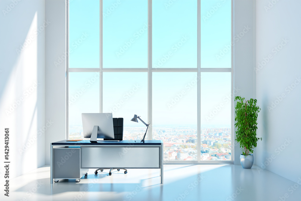 A modern spacious office with workstations equipped with computers and office chairs, stylized as minimalism. On the walls there are vertical wooden empty white frames.