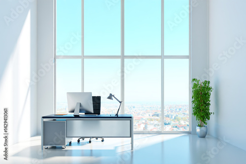 Obraz na płótnie A modern spacious office with workstations equipped with computers and office chairs, stylized as minimalism. On the walls there are vertical wooden empty white frames. w salonie