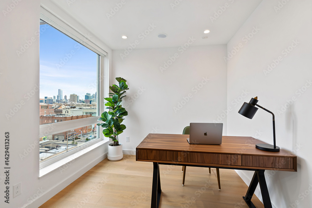 A modern spacious office with workstations equipped with computers and office chairs, stylized as minimalism. On the walls there are vertical wooden empty white frames.