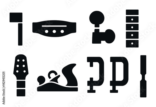 Woodworking tools solid icons set – filled style carpentry and diy symbols for crafting masterpieces: hammer, chisel, plane, clamp, saw, workbench, level, screwdriver.
