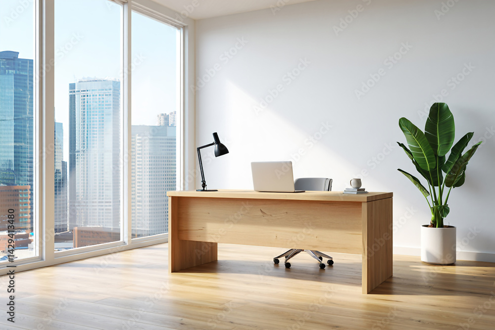 A modern spacious office with workstations equipped with computers and office chairs, stylized as minimalism. On the walls there are vertical wooden empty white frames.