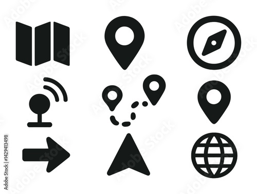 Navigation and map silhouette icons set - flat style gps, location, and direction symbols for wayfinding: map, pin, compass, satellite, arrow, globe, path.