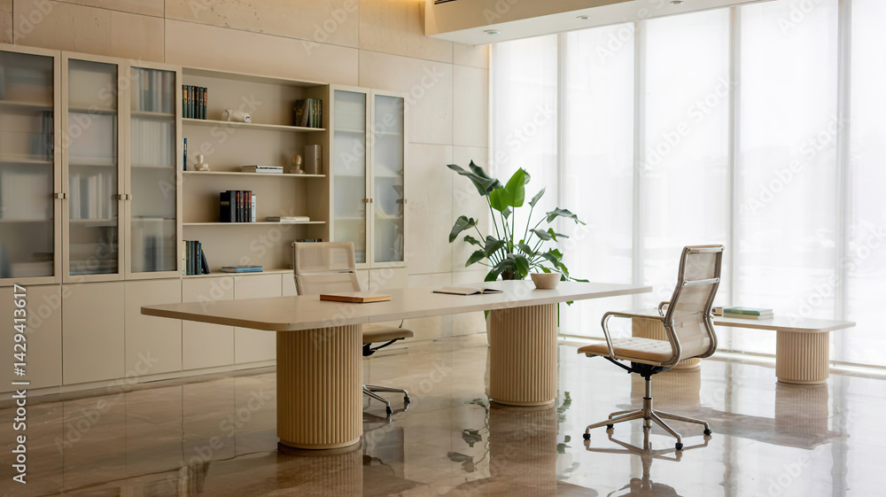 A modern spacious office with workstations equipped with computers and office chairs, stylized as minimalism. On the walls there are vertical wooden empty white frames.