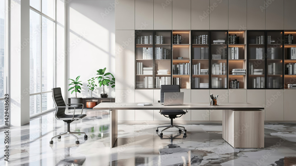 A modern spacious office with workstations equipped with computers and office chairs, stylized as minimalism. On the walls there are vertical wooden empty white frames.