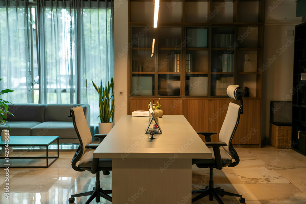 A modern spacious office with workstations equipped with computers and office chairs, stylized as minimalism. On the walls there are vertical wooden empty white frames.