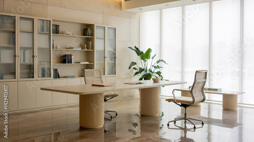 Obraz na płótnie A modern spacious office with workstations equipped with computers and office chairs, stylized as minimalism. On the walls there are vertical wooden empty white frames. w salonie