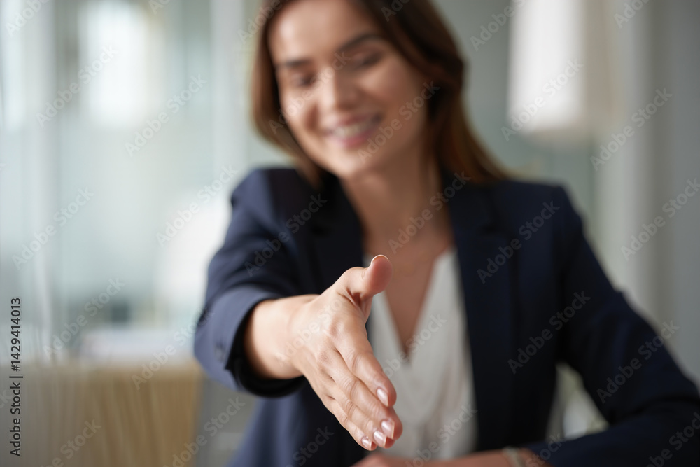 businesswoman extending hand to shake hands with client, legal and financial assistance