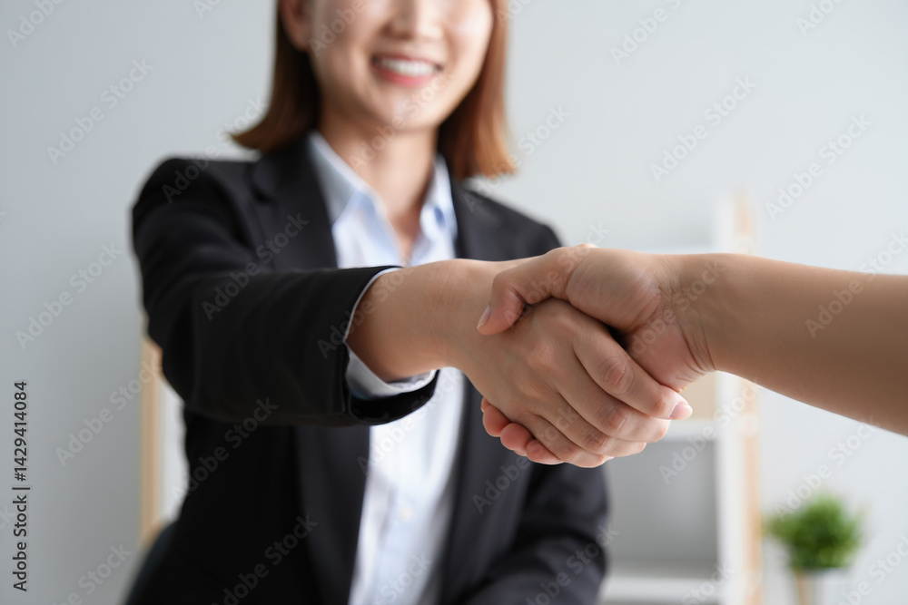 businesswoman extending hand to shake hands with client, legal and financial assistance
