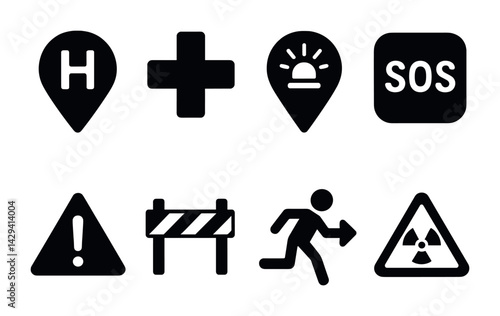 Emergency and safety solid icons set – filled style alert, hazard, and rescue symbols for quick response: hospital, first aid, police, sos, warning, barrier, exit, radiation.