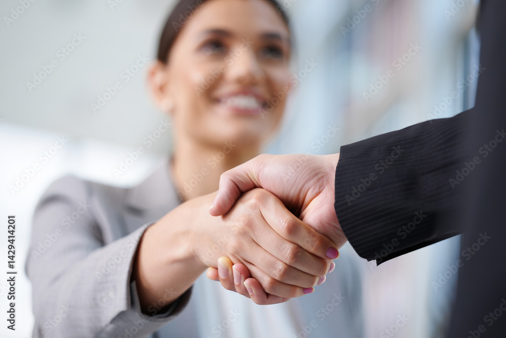 businesswoman extending hand to shake hands with client, legal and financial assistance