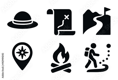 Outdoor adventure solid icons set – filled style hiking, navigation, and camping symbols for explorers: hat, map, trail, compass, campfire, hiker