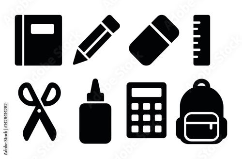 Back to school silhouette icon set – solid style education, stationery, and learning symbols: notebook, pencil, eraser, ruler, scissors, glue, calculator, backpack.