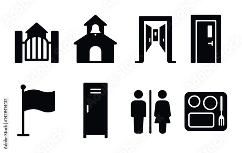School and education silhouette icons set – solid style learning, classroom, and campus symbols for educational design: school gate, building, metal detector, door, flag, locker, restroom, cafeteria