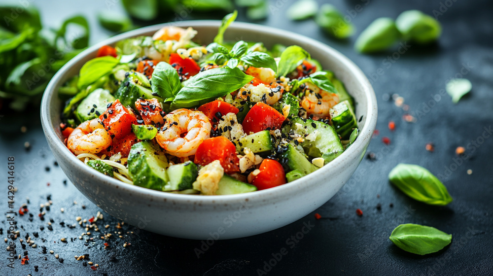 Delicious shrimp spaghetti served in a white bowl garnished with fresh basil symbolizes culinary elegance, Mediterranean flavors, comfort food, and the art of simple gourmet cuisine