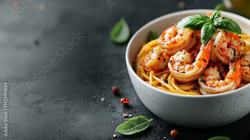Delicious shrimp spaghetti served in a white bowl garnished with fresh basil symbolizes culinary elegance, Mediterranean flavors, comfort food, and the art of simple gourmet cuisine

