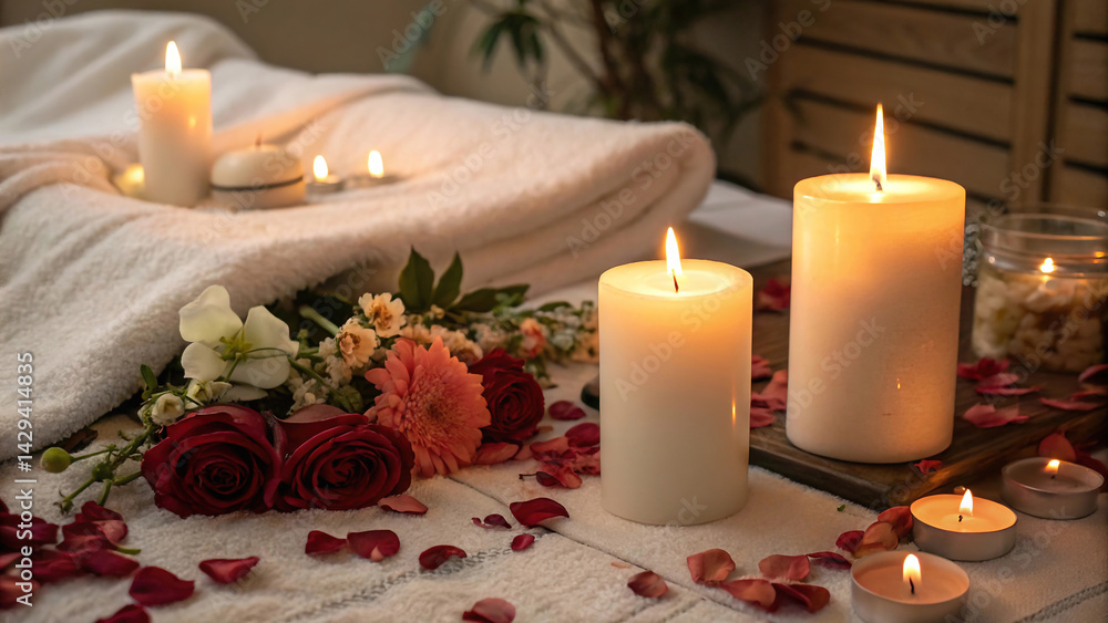 close-up of two candles with soft golden flames, located next to each other, surrounded by delicate, scattered rose petals, romantic atmosphere