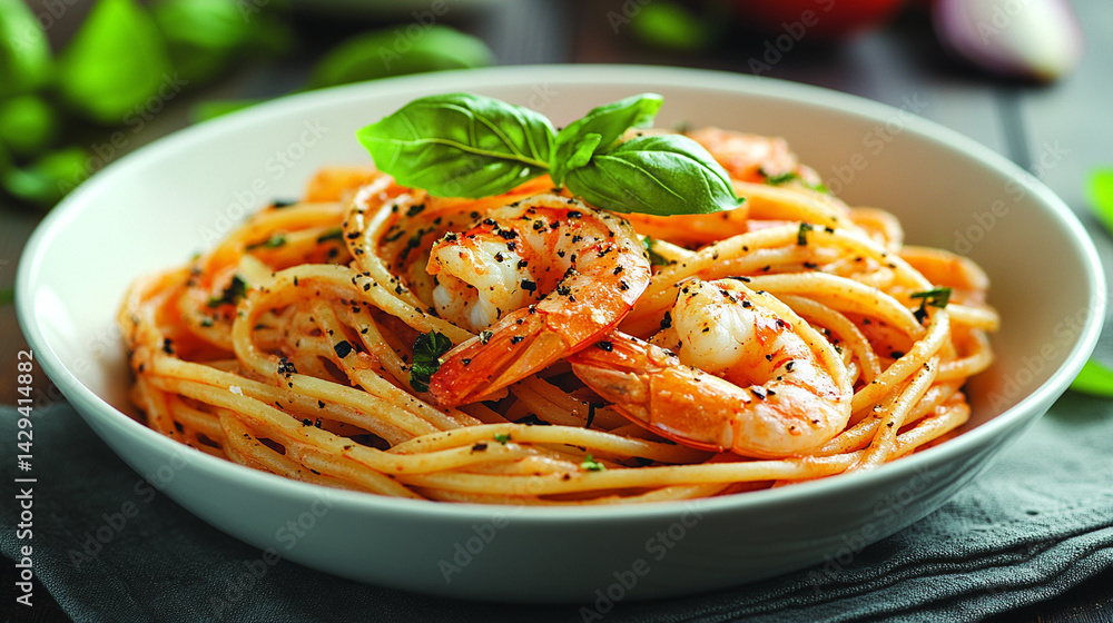 Delicious shrimp spaghetti served in a white bowl garnished with fresh basil symbolizes culinary elegance, Mediterranean flavors, comfort food, and the art of simple gourmet cuisine