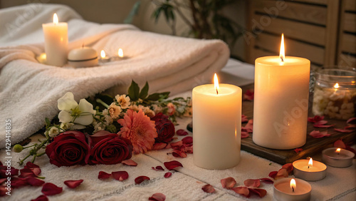 Obraz na płótnie close-up of two candles with soft golden flames, located next to each other, surrounded by delicate, scattered rose petals, romantic atmosphere
w salonie