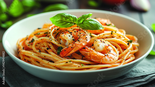 Obraz na płótnie Delicious shrimp spaghetti served in a white bowl garnished with fresh basil symbolizes culinary elegance, Mediterranean flavors, comfort food, and the art of simple gourmet cuisine
w salonie