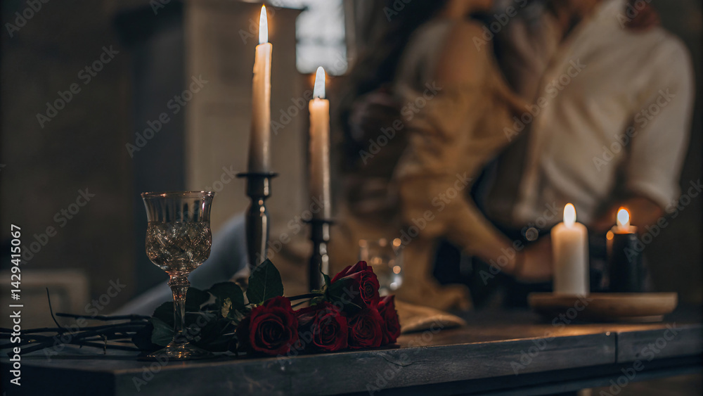 close-up of two candles with soft golden flames, located next to each other, surrounded by delicate, scattered rose petals, romantic atmosphere