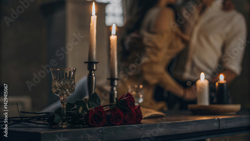 Obraz na płótnie close-up of two candles with soft golden flames, located next to each other, surrounded by delicate, scattered rose petals, romantic atmosphere
w salonie
