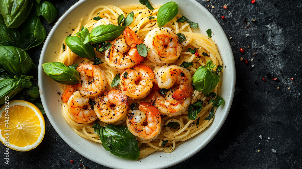Delicious shrimp spaghetti served in a white bowl garnished with fresh basil symbolizes culinary elegance, Mediterranean flavors, comfort food, and the art of simple gourmet cuisine