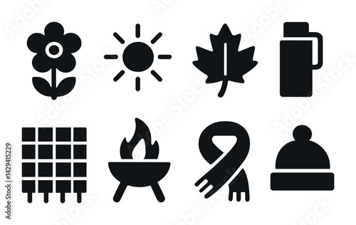 Outdoor adventure and recreation icon set – solid style nature, camping, and hiking symbols for activity planning: flower, sun, leaf, thermos, solar panel, campfire, scarf, beanie.