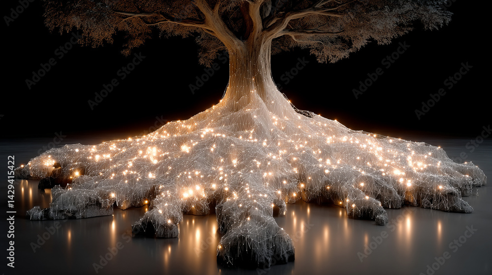 Digital tree roots with glowing lights symbolize the fusion of technology and nature highlighting the interconnectedness of biological systems and digital networks in a futuristic aesthetic