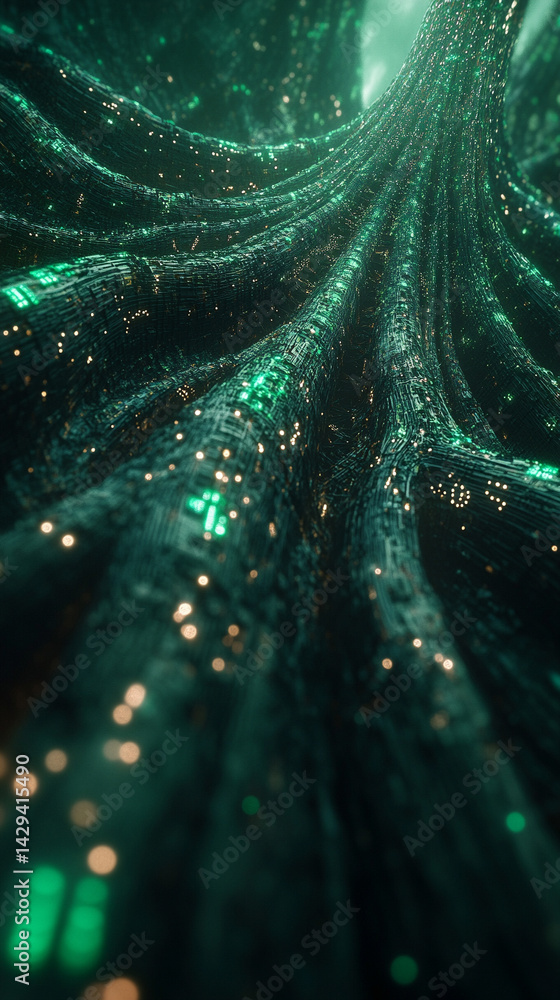 Digital tree roots with glowing lights symbolize the fusion of technology and nature highlighting the interconnectedness of biological systems and digital networks in a futuristic aesthetic