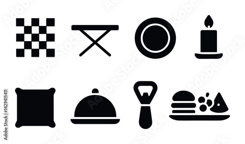 Hospitality and dining solid icons set – silhouette style for restaurant, catering, and service branding: plate, candle, dish cover, menu, bottle opener, food platter.