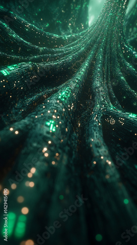 Obraz na płótnie Digital tree roots with glowing lights symbolize the fusion of technology and nature highlighting the interconnectedness of biological systems and digital networks in a futuristic aesthetic
w salonie