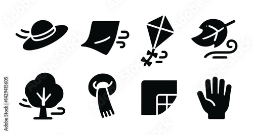 Autumn season silhouette icons set – solid style fall, windy weather, and nature silhouette symbols for seasonal design projects: hat, leaf, kite, tree, scarf, blanket, hand.