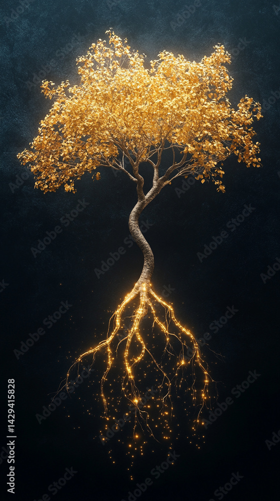 Digital tree roots with glowing lights symbolize the fusion of technology and nature highlighting the interconnectedness of biological systems and digital networks in a futuristic aesthetic