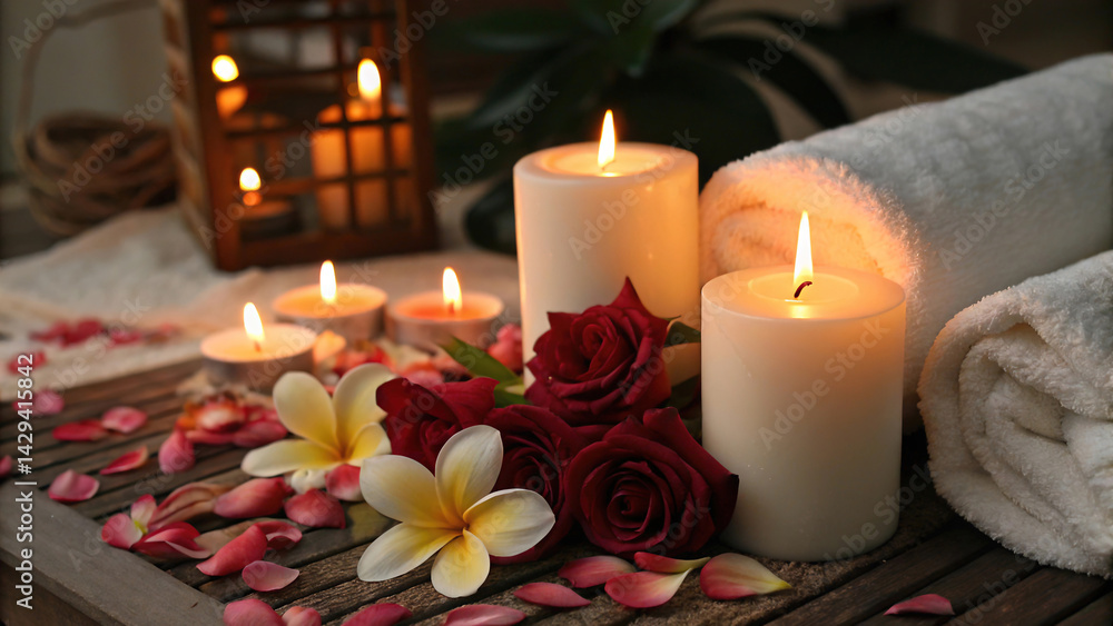 close-up of two candles with soft golden flames, located next to each other, surrounded by delicate, scattered rose petals, romantic atmosphere