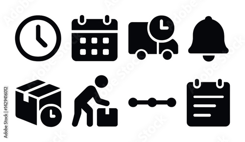 Delivery and logistics solid icons set – filled style shipping, order, and time management symbols for efficient planning: clock, calendar, truck, bell, package, worker, timeline, checklist.
