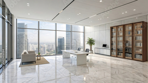 A modern, bright and spacious office with two tables, stylized as minimalism. On the walls are vertical wooden empty white frames.