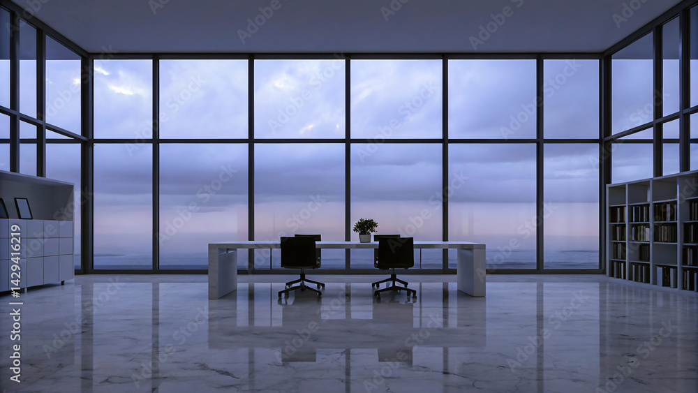 A modern, bright and spacious office with two tables, stylized as minimalism. On the walls are vertical wooden empty white frames.