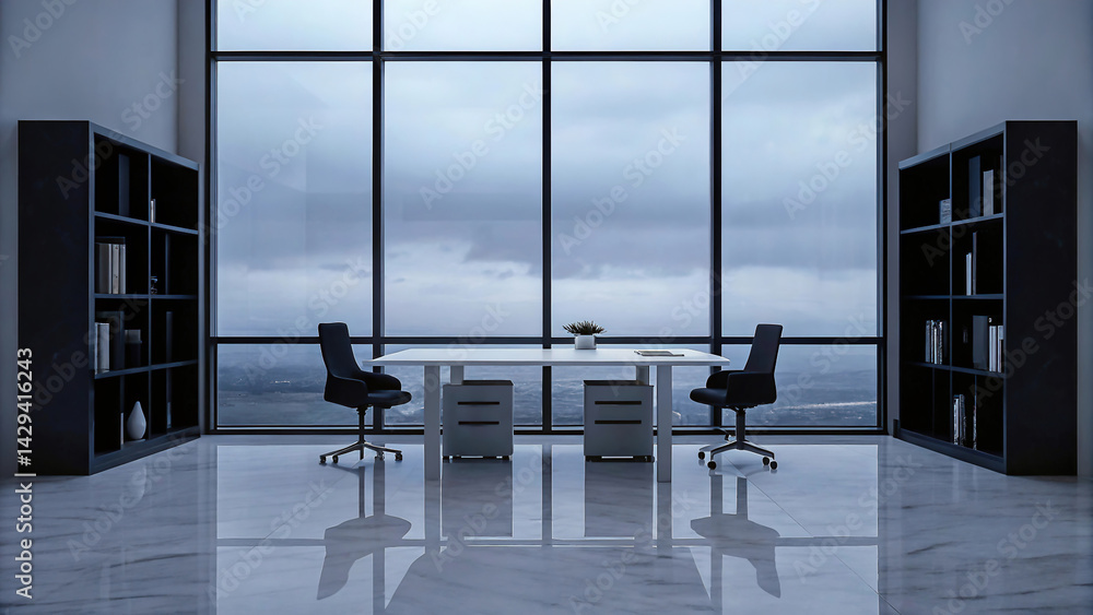 A modern, bright and spacious office with two tables, stylized as minimalism. On the walls are vertical wooden empty white frames.