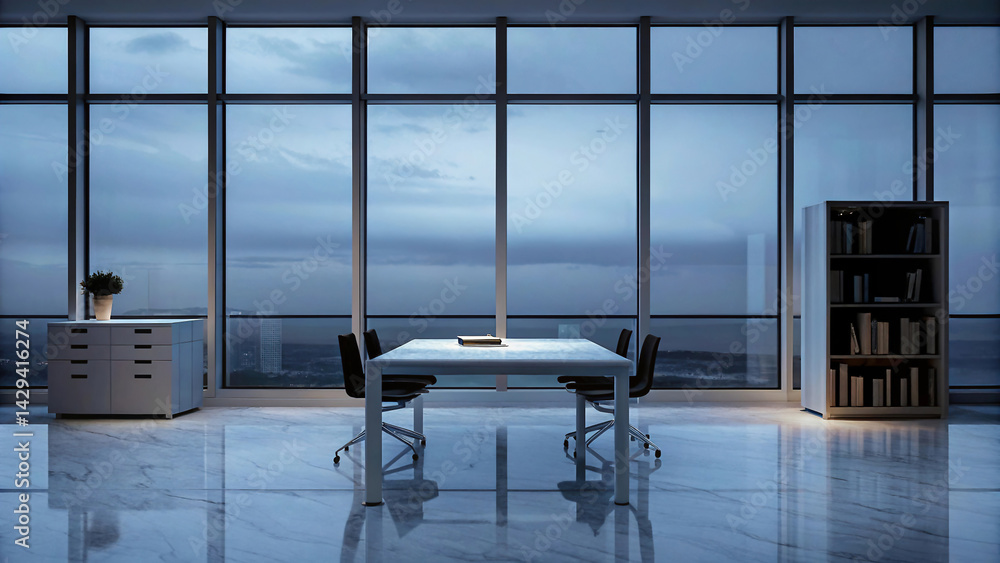 A modern, bright and spacious office with two tables, stylized as minimalism. On the walls are vertical wooden empty white frames.