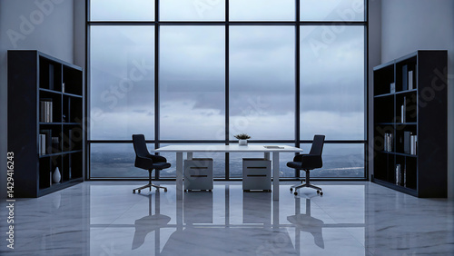 Obraz na płótnie A modern, bright and spacious office with two tables, stylized as minimalism. On the walls are vertical wooden empty white frames. w salonie
