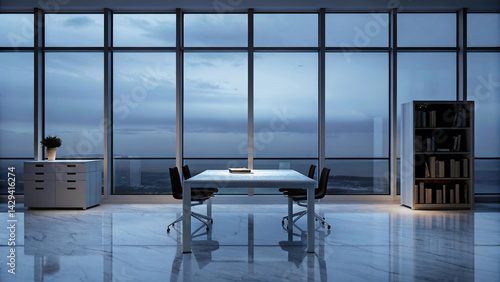 Obraz na płótnie A modern, bright and spacious office with two tables, stylized as minimalism. On the walls are vertical wooden empty white frames. w salonie